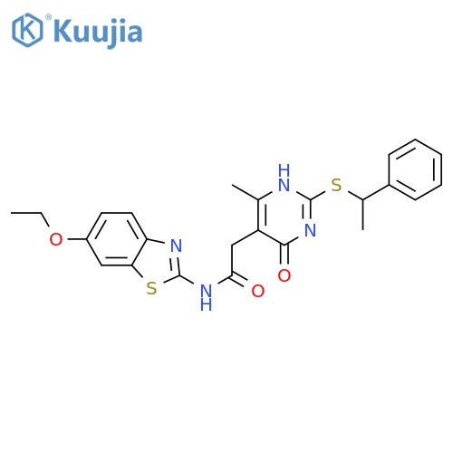 N-(6-ethoxy-1,3-benzothiazol-2-yl)-2-{4-methyl-6-oxo-2-(1-phenylethyl)sulfanyl-1,6-dihydropyrimidin-5-yl}acetamide structure