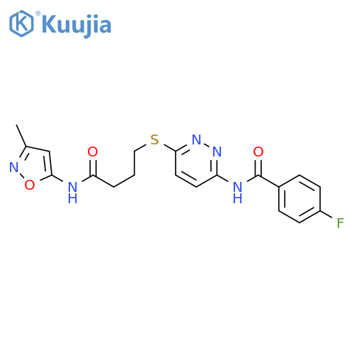 4-fluoro-N-[6-({3-[(3-methyl-1,2-oxazol-5-yl)carbamoyl]propyl}sulfanyl)pyridazin-3-yl]benzamide structure
