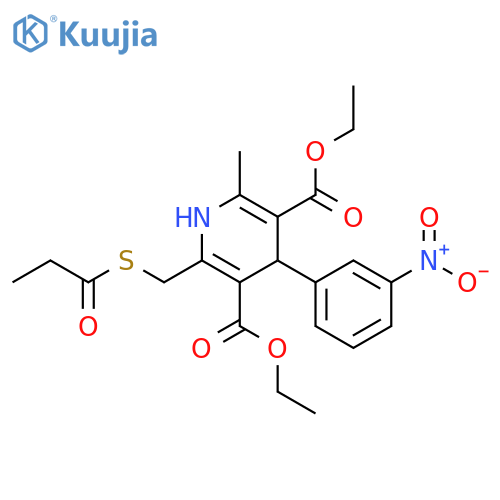 3,5-Pyridinedicarboxylic acid,1,4-dihydro-2-methyl-4-(3-nitrophenyl)-6-[[(1-oxopropyl)thio]methyl]-,diethyl ester structure