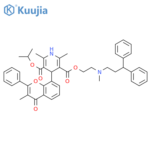 3,5-Pyridinedicarboxylicacid,1,4-dihydro-2,6-dimethyl-4-(3-methyl-4-oxo-2-phenyl-4H-1-benzopyran-8-yl)-,3-[2-[(3,3-diphenylpropyl)methylamino]ethyl] 5-(1-methylethyl) ester structure