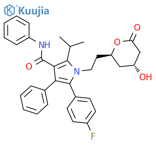 1H-Pyrrole-3-carboxamide, 5-(4-fluorophenyl)-2-(1-methylethyl)-N,4-diphenyl-1-[2-[(2R,4R)-tetrahydro-4-hydroxy-6-oxo-2H-pyran-2-yl]ethyl]-, rel- structure