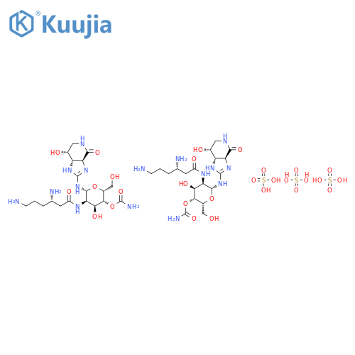 4-O-carbamoyl-2-deoxy-2-{[(3S)-3,6-diaminohexanoyl]amino}-N-[(3aS,7R,7aS)-7-hydroxy-4-oxo-3a,4,5,6,7,7a-hexahydro-1H-imidazo[4,5-c]pyridin-2-yl]-beta-D-gulopyranosylamine sulfate (2:3) structure