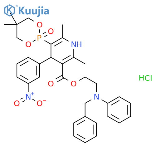 3-Pyridinecarboxylicacid,5-(5,5-dimethyl-2-oxido-1,3,2-dioxaphosphorinan-2-yl)-1,4-dihydro-2,6-dimethyl-4-(3-nitrophenyl)-,2-[phenyl(phenylmethyl)amino]ethyl ester, hydrochloride (1:1) structure