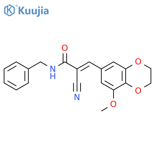 N-benzyl-2-cyano-3-(8-methoxy-2,3-dihydro-1,4-benzodioxin-6-yl)prop-2-enamide structure