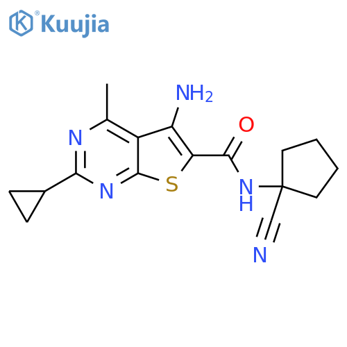 5-amino-N-(1-cyanocyclopentyl)-2-cyclopropyl-4-methylthieno[2,3-d]pyrimidine-6-carboxamide structure