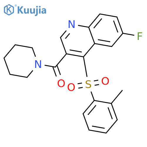 6-fluoro-4-(2-methylbenzenesulfonyl)-3-(piperidine-1-carbonyl)quinoline structure