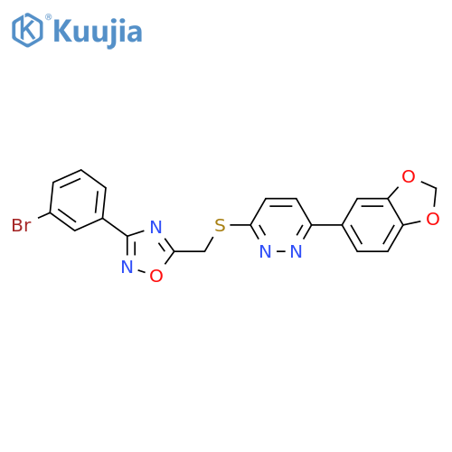 3-(2H-1,3-benzodioxol-5-yl)-6-({[3-(3-bromophenyl)-1,2,4-oxadiazol-5-yl]methyl}sulfanyl)pyridazine structure