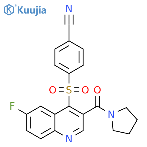 4-{[6-fluoro-3-(pyrrolidine-1-carbonyl)quinolin-4-yl]sulfonyl}benzonitrile structure