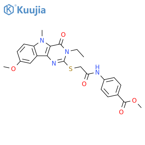 methyl 4-[2-({3-ethyl-8-methoxy-5-methyl-4-oxo-3H,4H,5H-pyrimido[5,4-b]indol-2-yl}sulfanyl)acetamido]benzoate structure