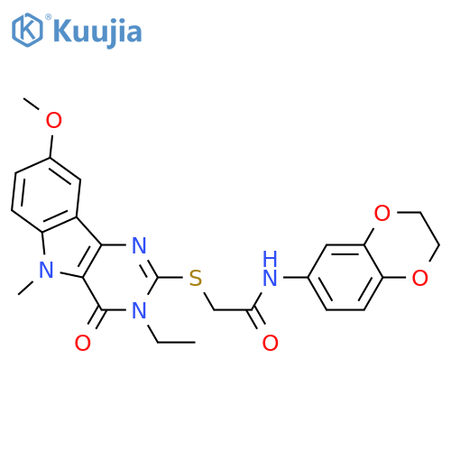 N-(2,3-dihydro-1,4-benzodioxin-6-yl)-2-({3-ethyl-8-methoxy-5-methyl-4-oxo-3H,4H,5H-pyrimido[5,4-b]indol-2-yl}sulfanyl)acetamide structure