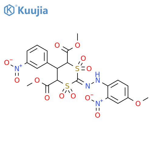 1,3-Dithiane-4,6-dicarboxylic acid,2-[(4-methoxy-2-nitrophenyl)hydrazono]-5-(3-nitrophenyl)-, dimethylester, 1,1,3,3-tetraoxide structure