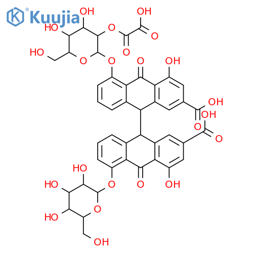9-[2-carboxy-4-hydroxy-10-oxo-5-[(2S,3R,4S,5R,6R)-3,4,5-trihydroxy-6-(hydroxymethyl)oxan-2-yl]oxy-9H-anthracen-9-yl]-5-[(2S,3R,4S,5R,6R)-4,5-dihydroxy-6-(hydroxymethyl)-3-oxalooxy-oxan-2-yl]oxy-4-hydroxy-10-oxo-9H-anthracene-2-carboxylic acid structure