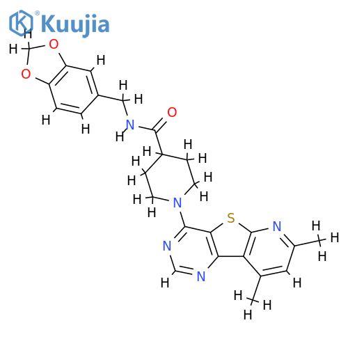 N-(2H-1,3-benzodioxol-5-yl)methyl-1-{11,13-dimethyl-8-thia-3,5,10-triazatricyclo7.4.0.0^{2,7}trideca-1(13),2(7),3,5,9,11-hexaen-6-yl}piperidine-4-carboxamide structure