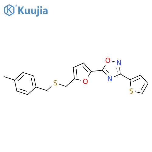 5-[5-({[(4-methylphenyl)methyl]sulfanyl}methyl)furan-2-yl]-3-(thiophen-2-yl)-1,2,4-oxadiazole structure