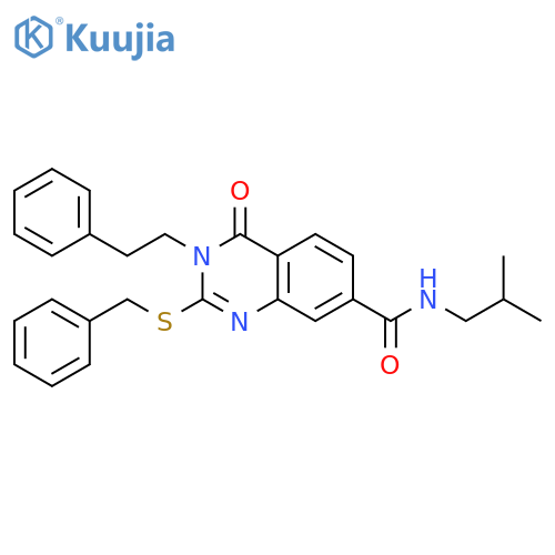 2-(benzylsulfanyl)-N-(2-methylpropyl)-4-oxo-3-(2-phenylethyl)-3,4-dihydroquinazoline-7-carboxamide structure
