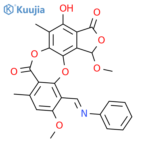 7H-Isobenzofuro[4,5-b][1,4]benzodioxepin-3,7(1H)-dione, 4-hydroxy-1,10-dimethoxy-5,8-dimethyl-11[(phenylimino)methyl]- structure