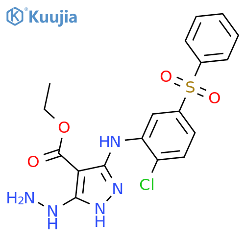 1H-Pyrazole-4-carboxylic acid, 3-[[2-chloro-5-(phenylsulfonyl)phenyl]amino]-5-hydrazino-, ethyl ester structure