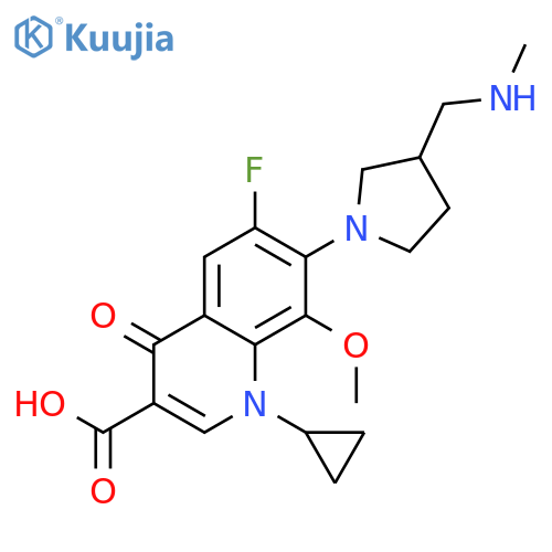 3-Quinolinecarboxylicacid,1-cyclopropyl-6-fluoro-1,4-dihydro-8-methoxy-7-[3-[(methylamino)methyl]-1-pyrrolidinyl]-4-oxo- structure