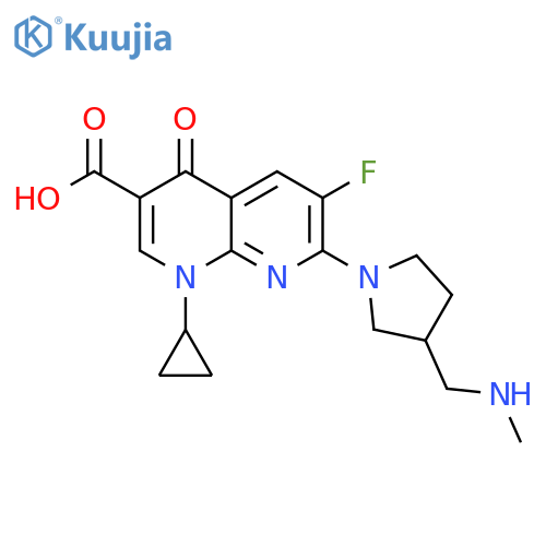 1,8-Naphthyridine-3-carboxylicacid,1-cyclopropyl-6-fluoro-1,4-dihydro-7-[3-[(methylamino)methyl]-1-pyrrolidinyl]-4-oxo- structure