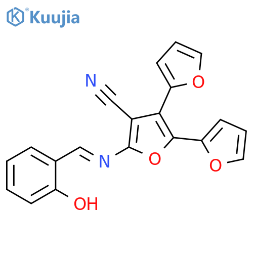 2'-(furan-2-yl)-5'-[(E)-[(2-hydroxyphenyl)methylidene]amino]-[2,3'-bifuran]-4'-carbonitrile structure