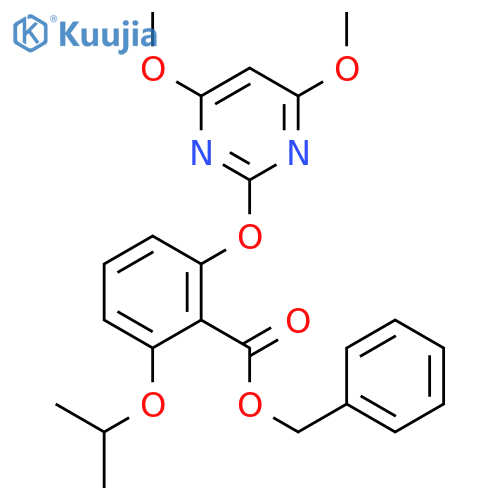 Benzoic acid, 2-[(4,6-dimethoxy-2-pyrimidinyl)oxy]-6-(1-methylethoxy)-, phenylmethyl ester structure