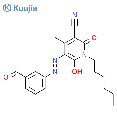 3-Pyridinecarbonitrile, 5-[(3-formylphenyl)azo]-1-hexyl-1,2-dihydro-6-hydroxy-4-methyl-2-oxo- structure