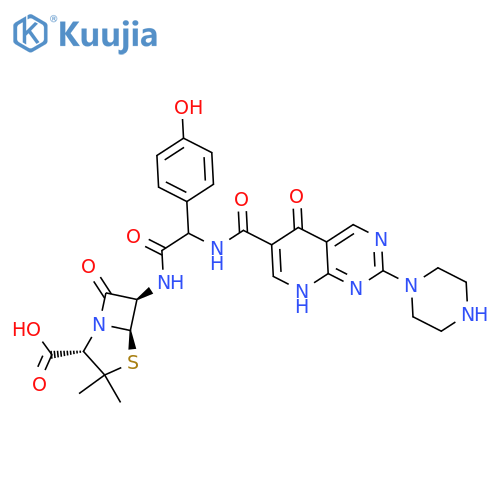 4-Thia-1-azabicyclo[3.2.0]heptane-2-carboxylicacid,6-[[[[[1,5-dihydro-5-oxo-2-(1-piperazinyl)pyrido[2,3-d]pyrimidin-6-yl]carbonyl]amino](4-hydroxyphenyl)acetyl]amino]-3,3-dimethyl-7-oxo-,[2S-[2a,5a,6b(S*)]]- (9CI) structure