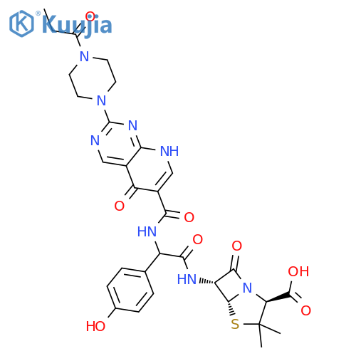 4-Thia-1-azabicyclo[3.2.0]heptane-2-carboxylicacid,6-[[[[[1,5-dihydro-5-oxo-2-[4-(1-oxopropyl)-1-piperazinyl]pyrido[2,3-d]pyrimidin-6-yl]carbonyl]amino](4-hydroxyphenyl)acetyl]amino]-3,3-dimethyl-7-oxo-,[2S-[2a,5a,6b(S*)]]- (9CI) structure
