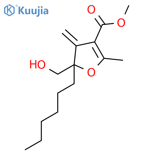 3-Furancarboxylic acid, 5-hexyl-4,5-dihydro-5-(hydroxymethyl)-2-methyl-4-methylene-, methyl ester structure