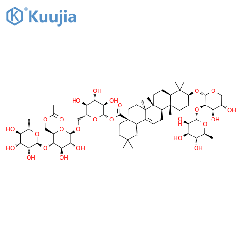 Olean-12-en-28-oicacid, 3-[[2-O-(6-deoxy-a-L-mannopyranosyl)-a-L-arabinopyranosyl]oxy]-, O-6-deoxy-a-L-mannopyranosyl-(1&reg;4)-O-6-O-acetyl-b-D-glucopyranosyl-(1&reg;6)-b-D-glucopyranosyl ester, (3b)- structure