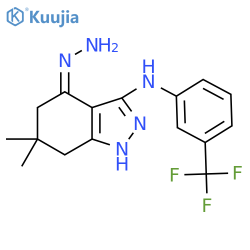 6,6-Dimethyl-3-((3-(trifluoromethyl)phenyl)amino)-5,6,7-trihydro1H-indazol-4-hydrazone structure