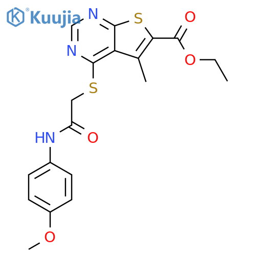 ethyl 4-({[(4-methoxyphenyl)carbamoyl]methyl}sulfanyl)-5-methylthieno[2,3-d]pyrimidine-6-carboxylate structure