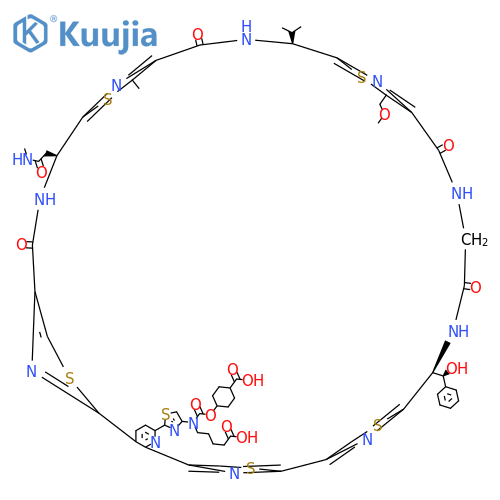 4-[4-Carboxybutyl-[2-[(18S,25S,35S)-35-[(S)-hydroxy(phenyl)methyl]-28-(methoxymethyl)-21-methyl-18-[2-(methylamino)-2-oxoethyl]-16,23,30,33-tetraoxo-25-propan-2-yl-3,13,20,27,37-pentathia-7,17,24,31,34,39,40,41,42,43-decazaheptacyclo[34.2.1.12,5.112,15.119,22.126,29.06,11]tritetraconta-1(38),2(43),4,6(11),7,9,12(42),14,19(41),21,26(40),28,36(39)-tridecaen-8-yl]-1,3-thiazol-4-yl]carbamoyl]oxycyclohexane-1-carboxylic acid structure