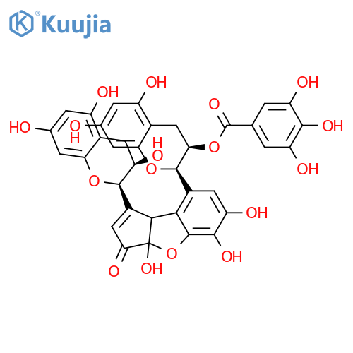 Benzoic acid, 3,4,5-trihydroxy-, (2R,3R)-2-[1-[(2R,3R)-3,4-dihydro-3,5,7-trihydroxy-2H-1-benzopyran-2-yl]-3a,8b-dihydro-3a,5,6-trihydroxy-3-oxo-3H-cyclopenta[b]benzofuran-8-yl]-3,4-dihydro-5,7-dihydroxy-2H-1-benzopyran-3-yl ester structure