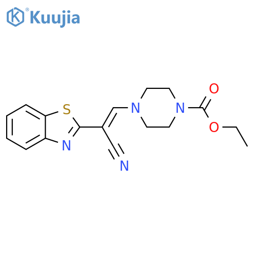 ethyl 4-[(1E)-2-(1,3-benzothiazol-2-yl)-2-cyanoeth-1-en-1-yl]piperazine-1-carboxylate structure