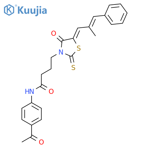 N-(4-acetylphenyl)-4-(5Z)-5-(2E)-2-methyl-3-phenylprop-2-en-1-ylidene-4-oxo-2-sulfanylidene-1,3-thiazolidin-3-ylbutanamide structure