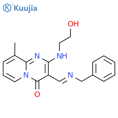 3-(1E)-(benzylimino)methyl-2-(2-hydroxyethyl)amino-9-methyl-4H-pyrido1,2-apyrimidin-4-one structure