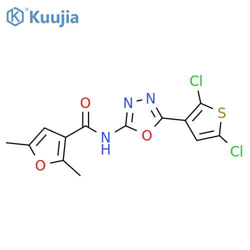 N-[5-(2,5-dichlorothiophen-3-yl)-1,3,4-oxadiazol-2-yl]-2,5-dimethylfuran-3-carboxamide structure