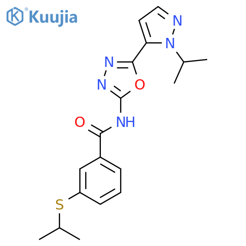 N-{5-1-(propan-2-yl)-1H-pyrazol-5-yl-1,3,4-oxadiazol-2-yl}-3-(propan-2-ylsulfanyl)benzamide structure
