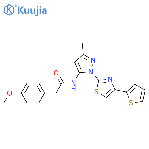 2-(4-methoxyphenyl)-N-{3-methyl-1-[4-(thiophen-2-yl)-1,3-thiazol-2-yl]-1H-pyrazol-5-yl}acetamide structure