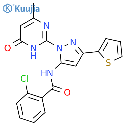 2-chloro-N-1-(4-methyl-6-oxo-1,6-dihydropyrimidin-2-yl)-3-(thiophen-2-yl)-1H-pyrazol-5-ylbenzamide structure
