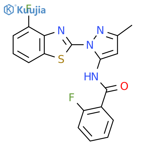 2-fluoro-N-1-(4-fluoro-1,3-benzothiazol-2-yl)-3-methyl-1H-pyrazol-5-ylbenzamide structure