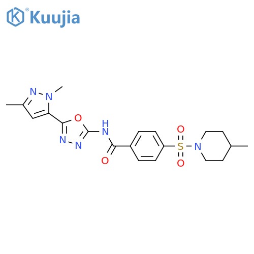 N-5-(1,3-dimethyl-1H-pyrazol-5-yl)-1,3,4-oxadiazol-2-yl-4-(4-methylpiperidin-1-yl)sulfonylbenzamide structure