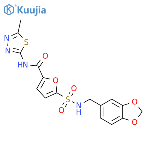 5-{(2H-1,3-benzodioxol-5-yl)methylsulfamoyl}-N-(5-methyl-1,3,4-thiadiazol-2-yl)furan-2-carboxamide structure