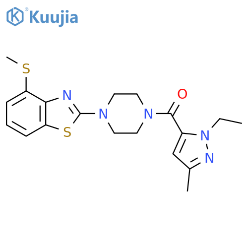 2-4-(1-ethyl-3-methyl-1H-pyrazole-5-carbonyl)piperazin-1-yl-4-(methylsulfanyl)-1,3-benzothiazole structure