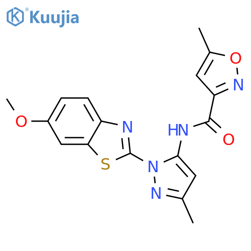 N-1-(6-methoxy-1,3-benzothiazol-2-yl)-3-methyl-1H-pyrazol-5-yl-5-methyl-1,2-oxazole-3-carboxamide structure