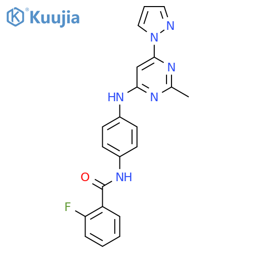 2-fluoro-N-(4-{2-methyl-6-(1H-pyrazol-1-yl)pyrimidin-4-ylamino}phenyl)benzamide structure