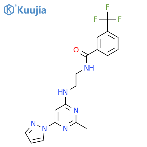 N-(2-{2-methyl-6-(1H-pyrazol-1-yl)pyrimidin-4-ylamino}ethyl)-3-(trifluoromethyl)benzamide structure