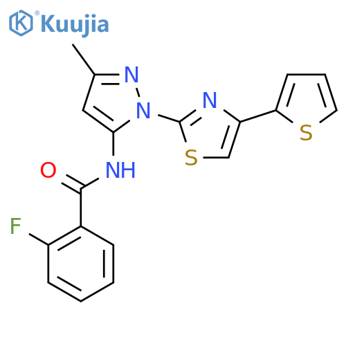2-fluoro-N-{3-methyl-1-4-(thiophen-2-yl)-1,3-thiazol-2-yl-1H-pyrazol-5-yl}benzamide structure