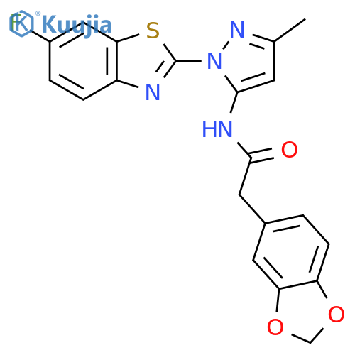 2-(2H-1,3-benzodioxol-5-yl)-N-1-(6-fluoro-1,3-benzothiazol-2-yl)-3-methyl-1H-pyrazol-5-ylacetamide structure